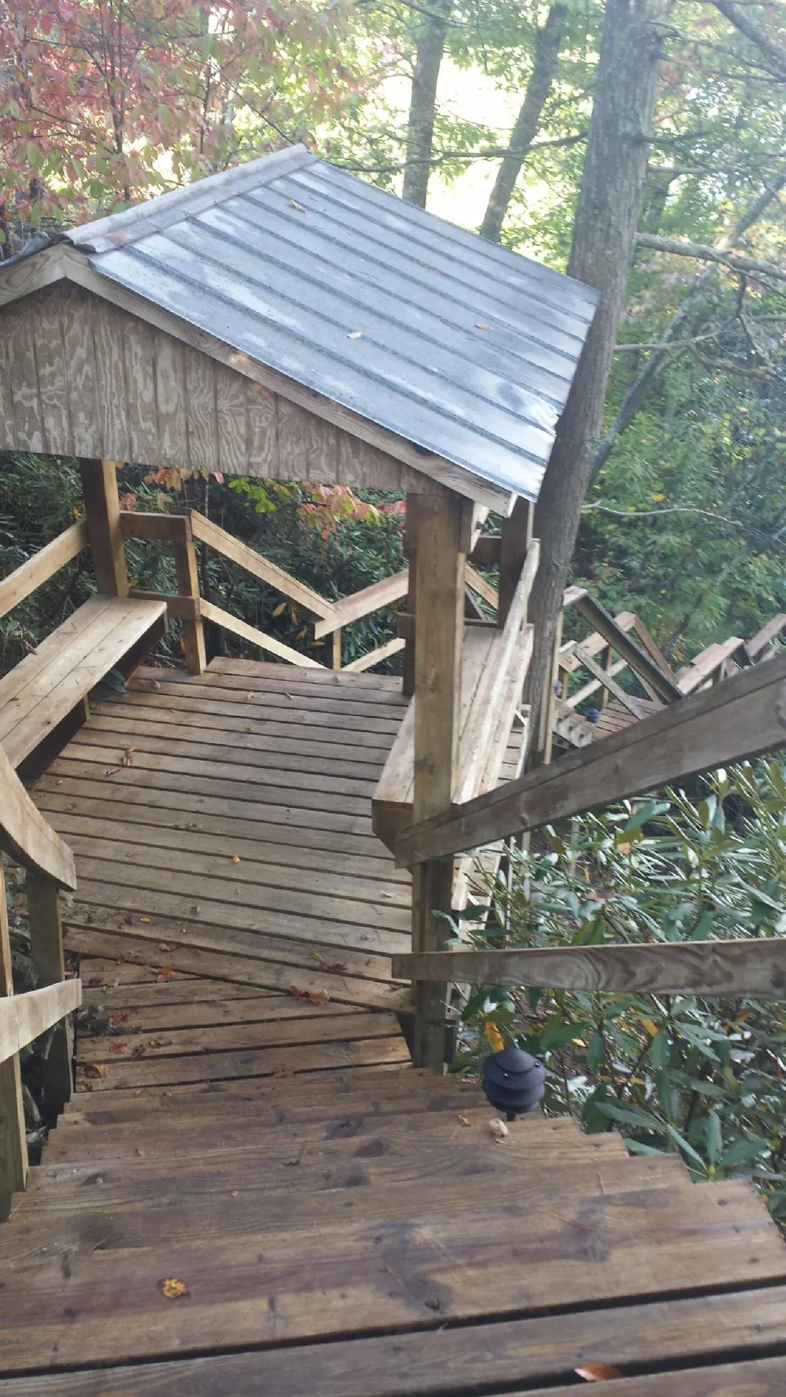 Metal roofed shelter over wooden steps on a wooded walkway — Skylight Repair & Installation work by our crew in Cisco